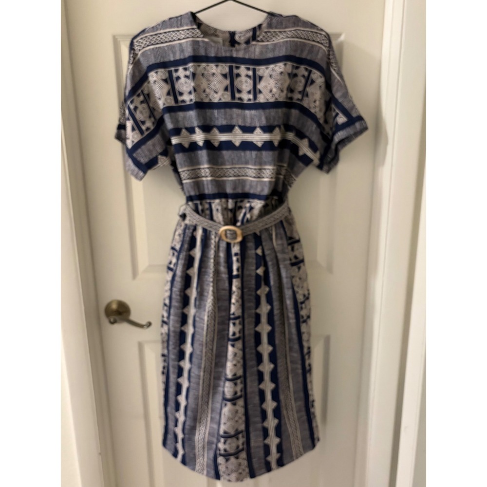 Vintage Dorothy Samuel Rayon Dress 16 Blue White Geometric Belted Midi Dress EUC